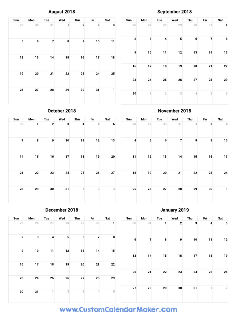 August 2018 to January 2019 Calendar
