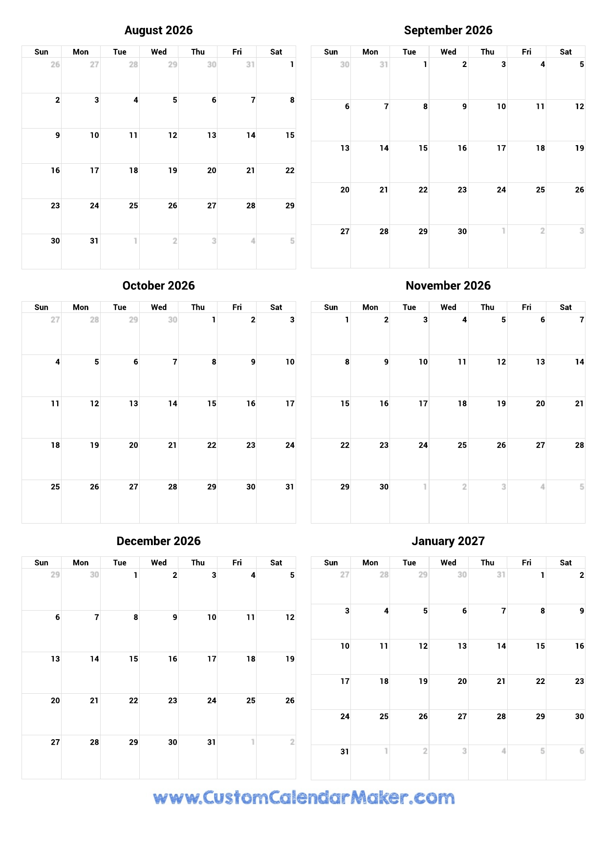 August 2026 To January 2027 Printable Calendar