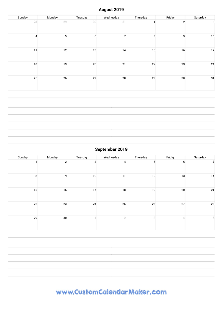 august and september 2019 calendar with notes
