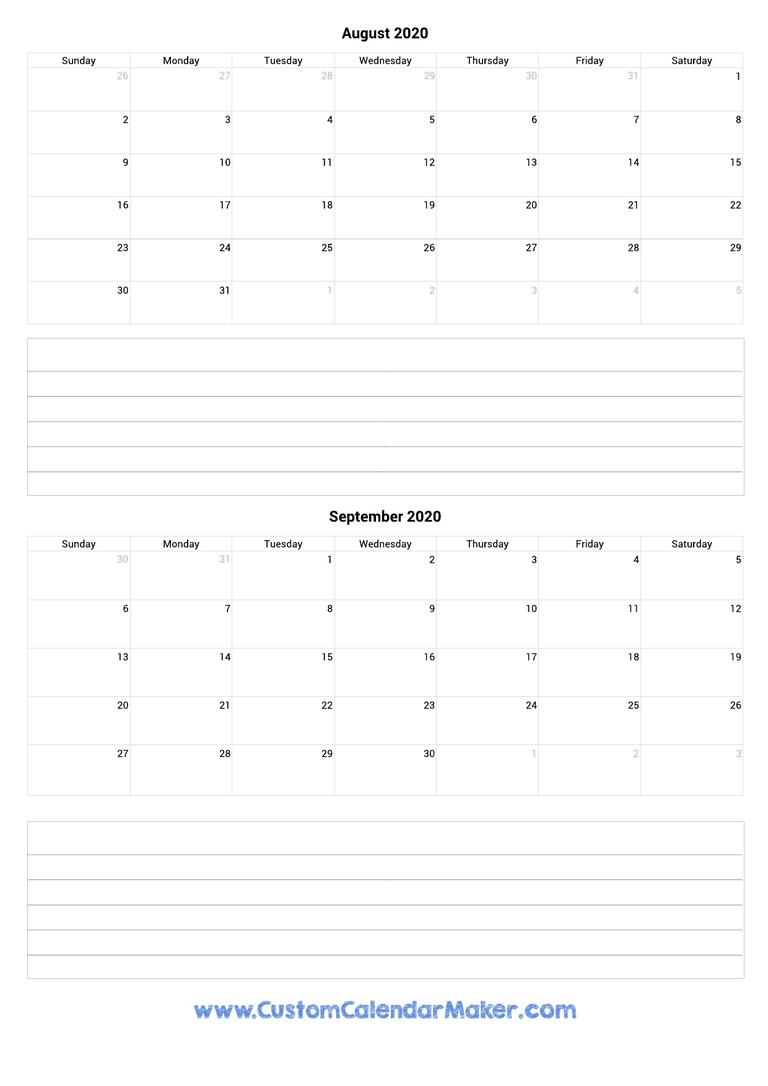 august and september 2020 calendar with notes