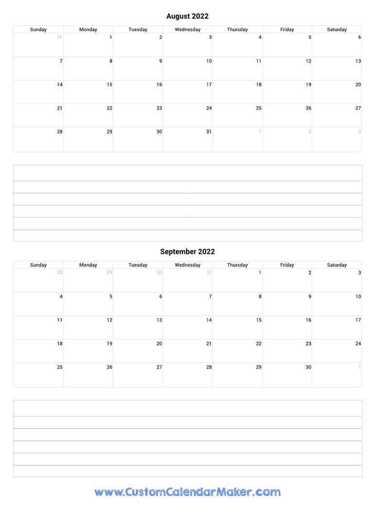 august and september 2022 calendar with notes