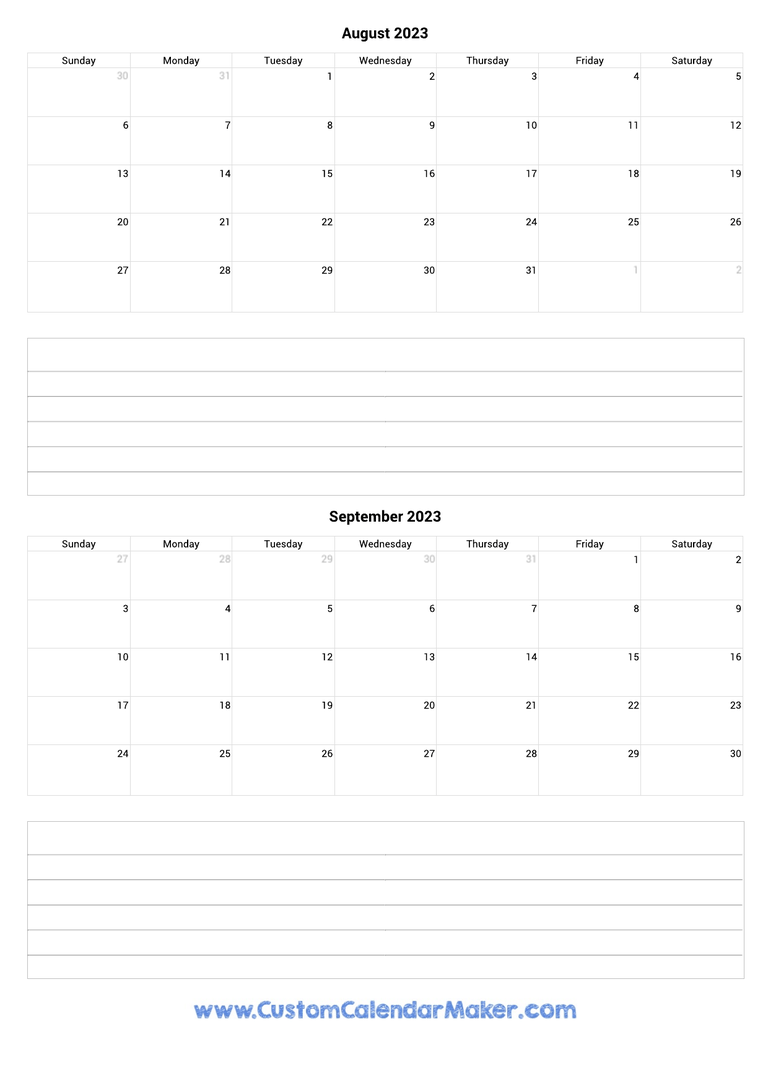 august and september 2023 calendar with notes