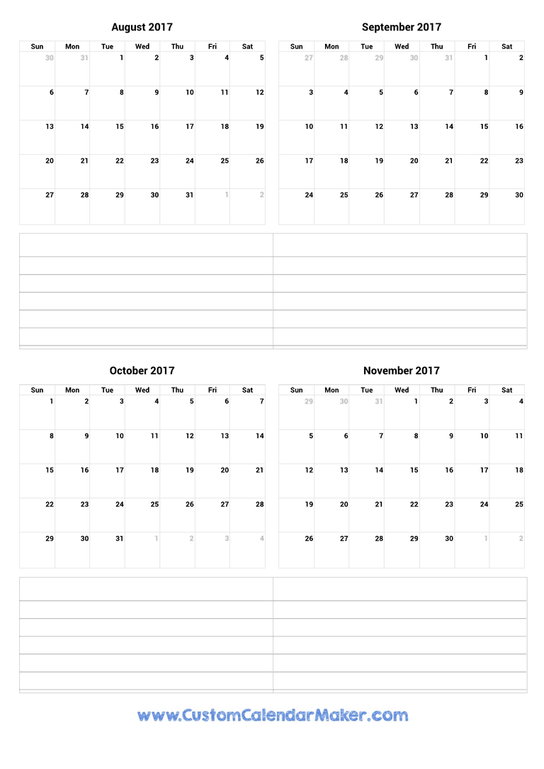 August to November 2017 Calendar