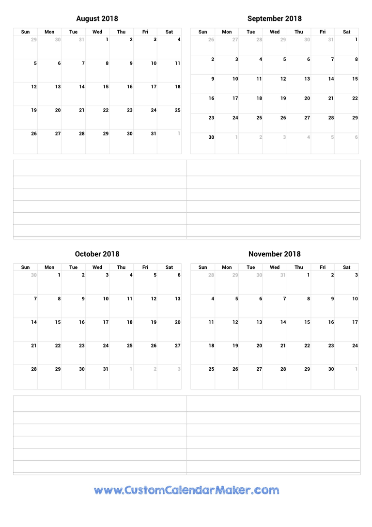 August to November 2018 Calendar