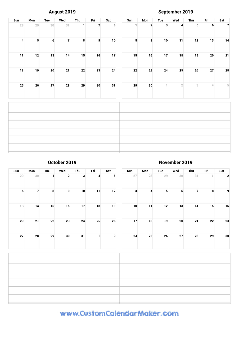 August to November 2019 Calendar