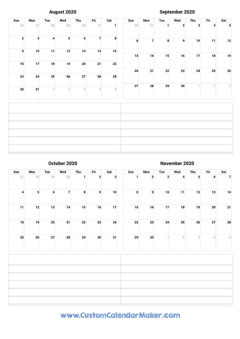 August to November 2020 Calendar