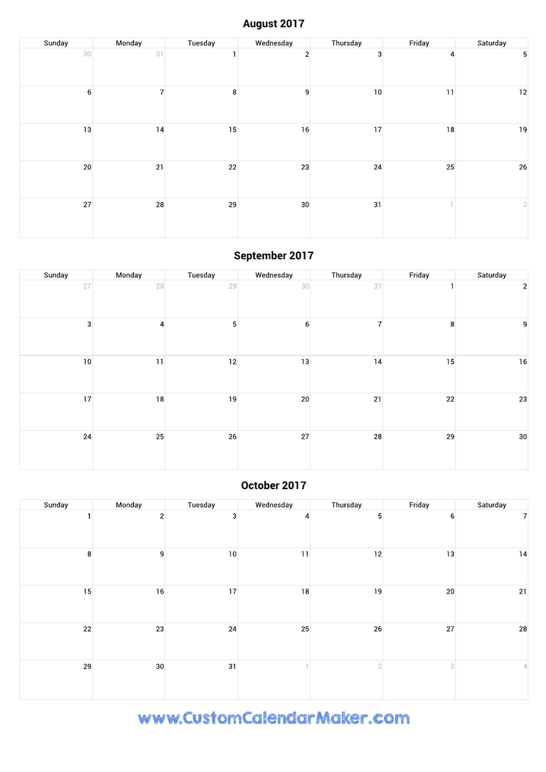 August to October 2017 Calendar