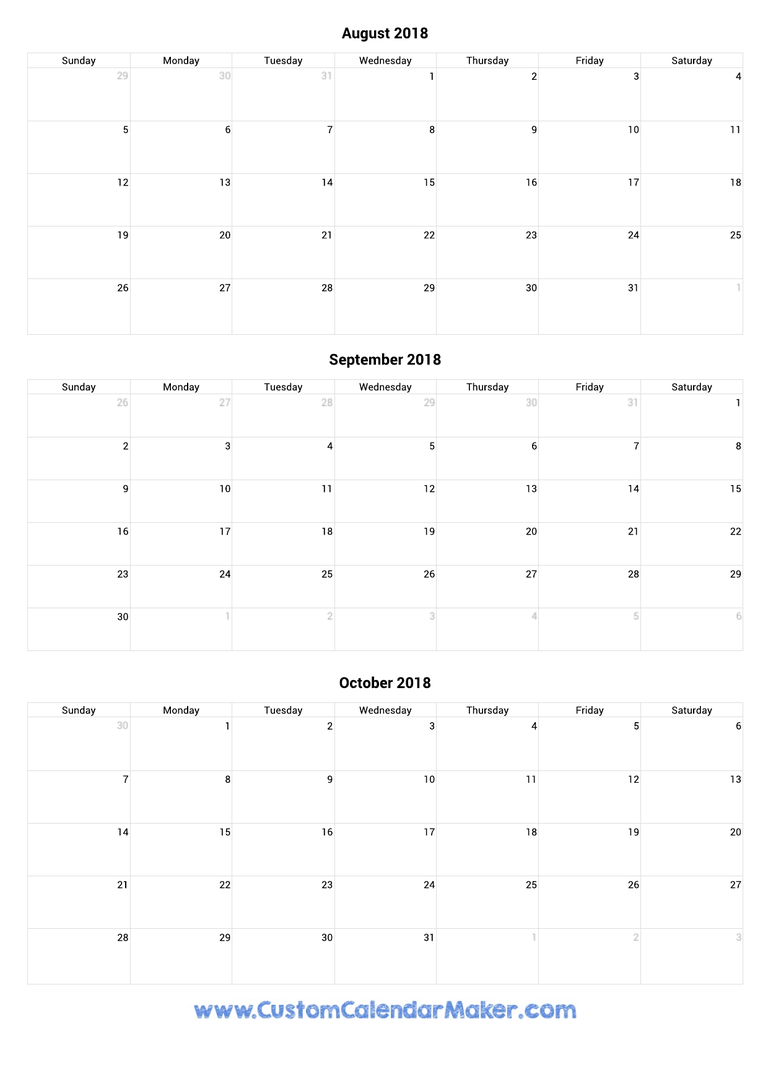 August to October 2018 Calendar