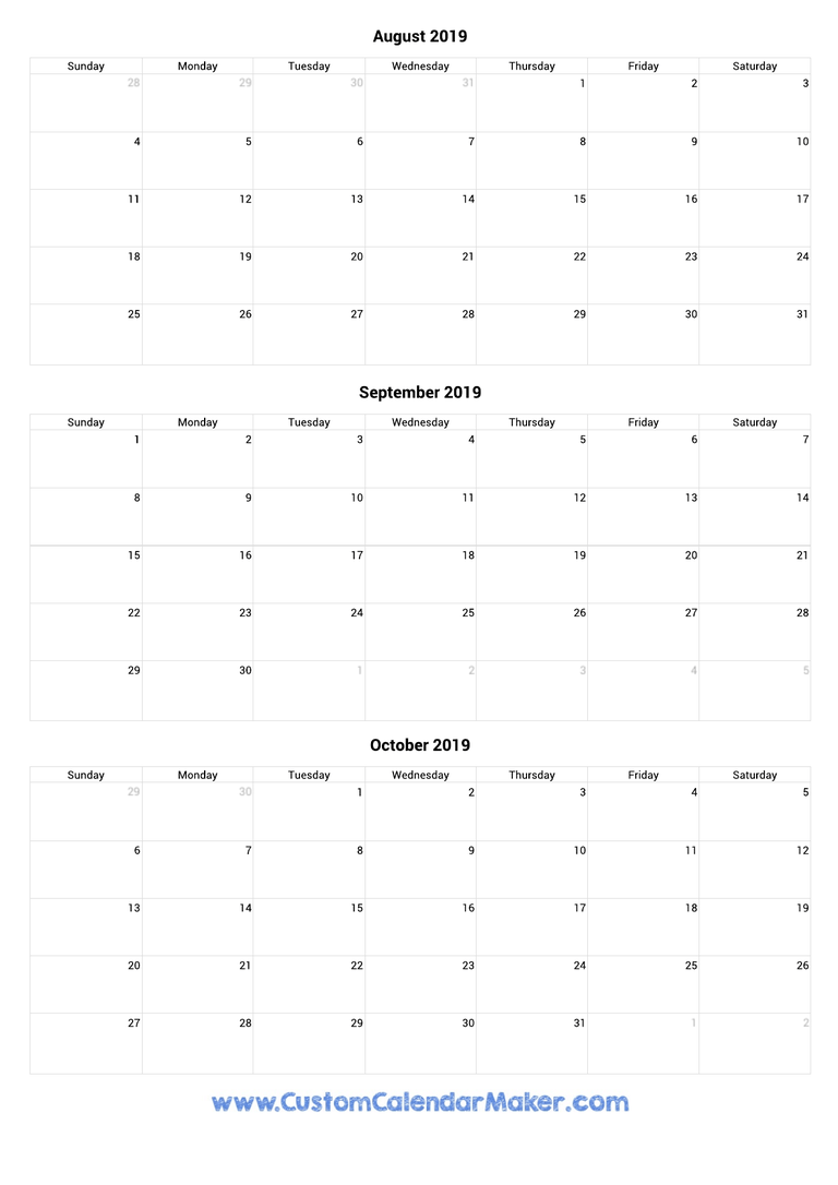 August to October 2019 Calendar