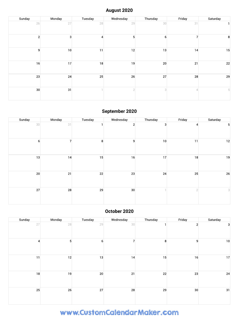 August to October 2020 Calendar