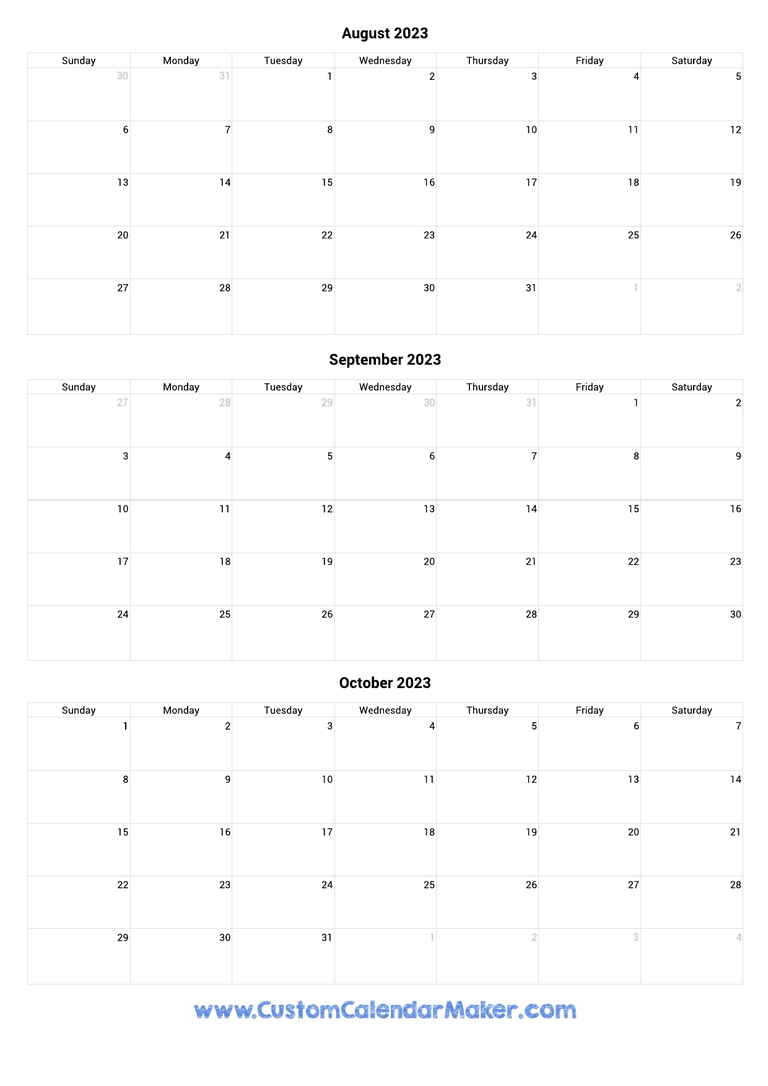 August to October 2023 Calendar