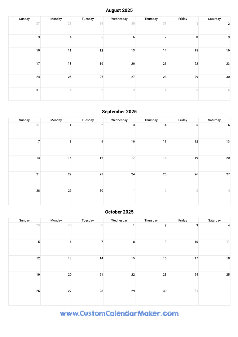 August to October 2025 Calendar