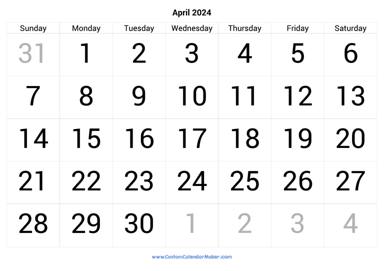 April calendar 2024 with big numbers