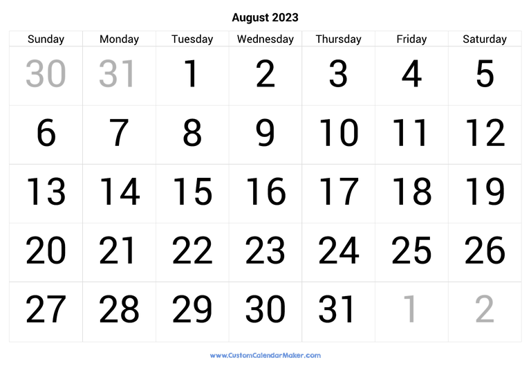 August calendar 2023 with big numbers