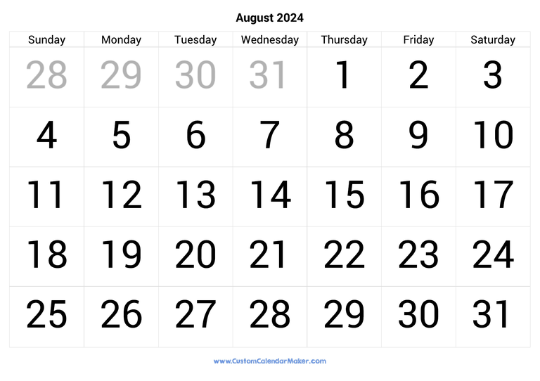 August calendar 2024 with big numbers