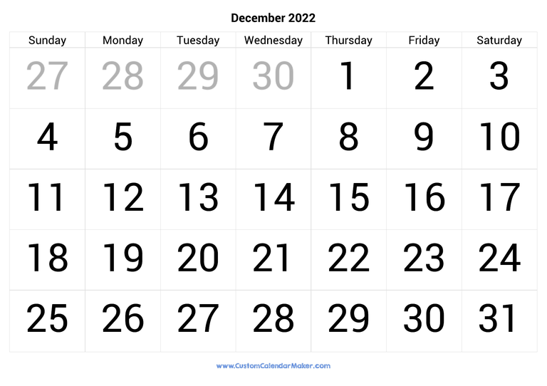 December calendar 2022 with big numbers