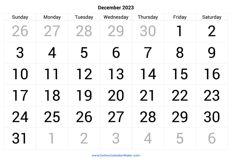 December calendar 2023 with big numbers