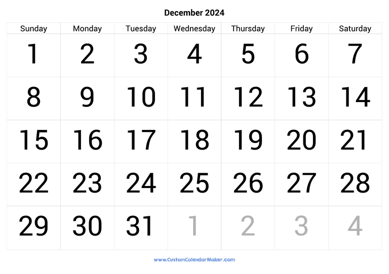 December calendar 2024 with big numbers