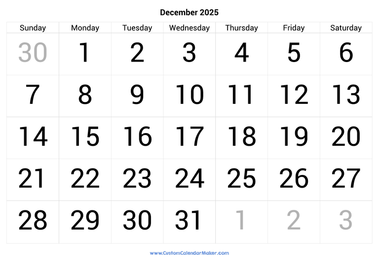 December calendar 2025 with big numbers