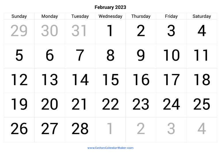 February calendar 2023 with big numbers