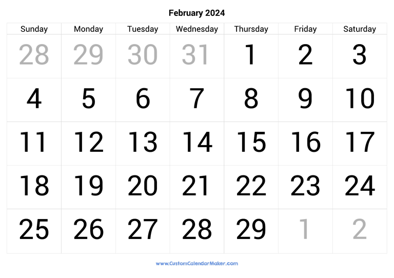February calendar 2024 with big numbers