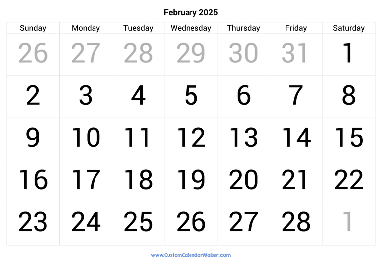 February calendar 2025 with big numbers
