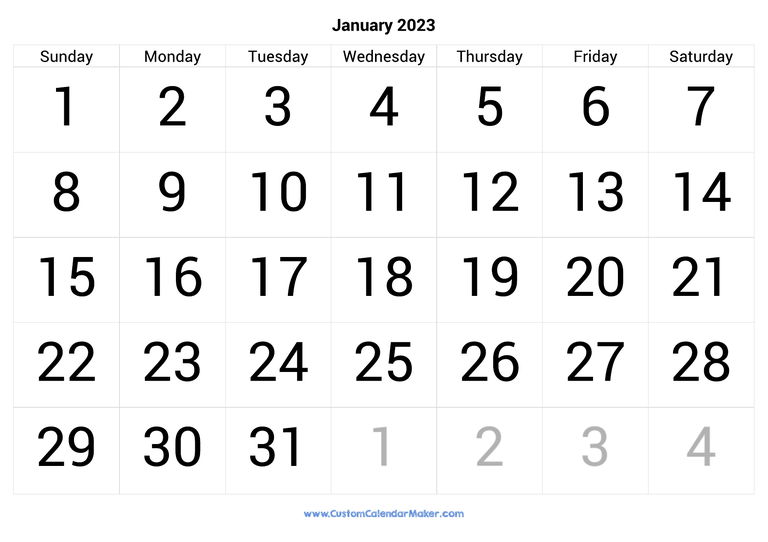 January calendar 2023 with big numbers