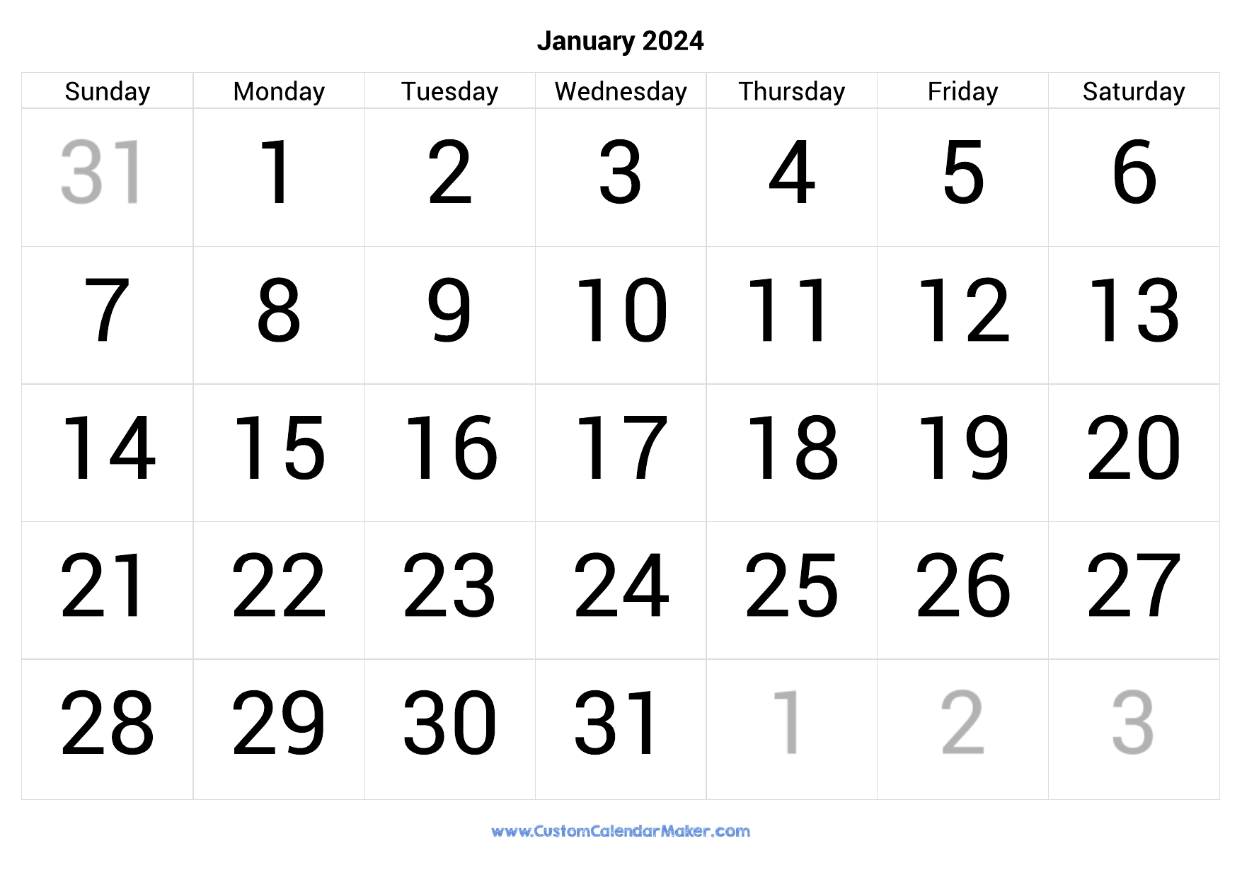2024 January Calendar Big Numbers Printable One Page January 2024