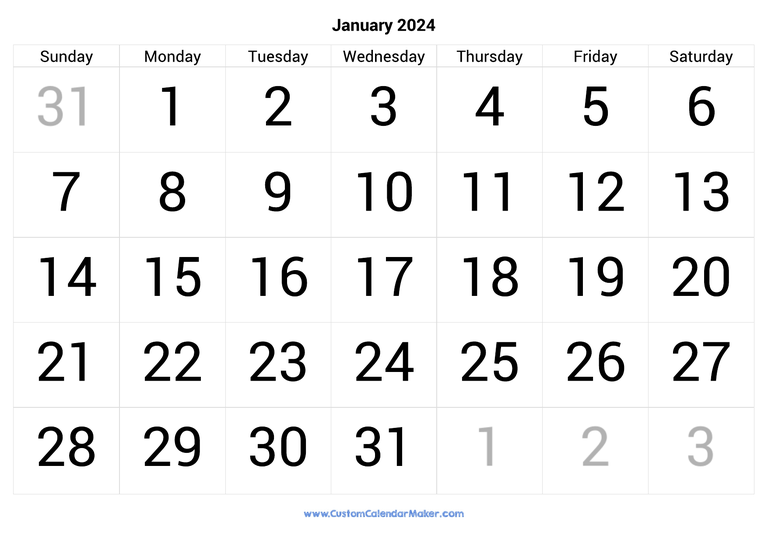 January calendar 2024 with big numbers