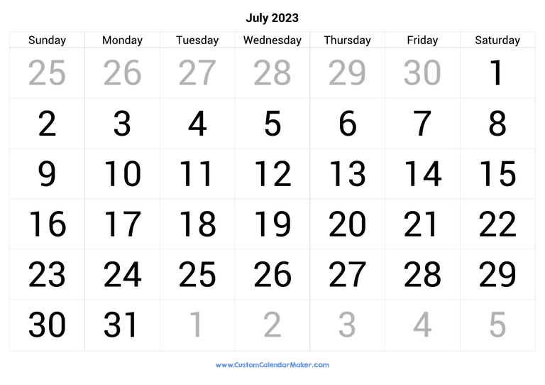 July calendar 2023 with big numbers