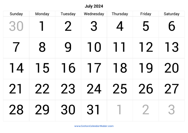 July calendar 2024 with big numbers