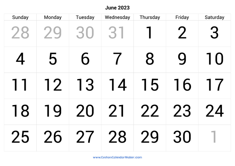 June calendar 2023 with big numbers