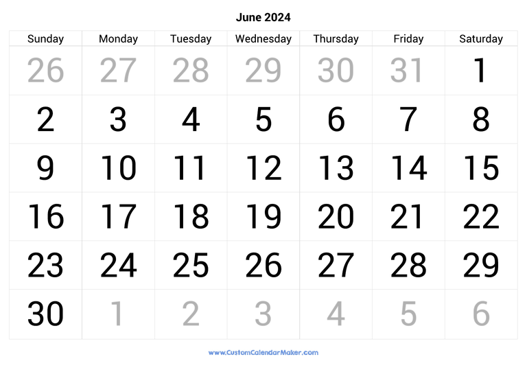 June calendar 2024 with big numbers