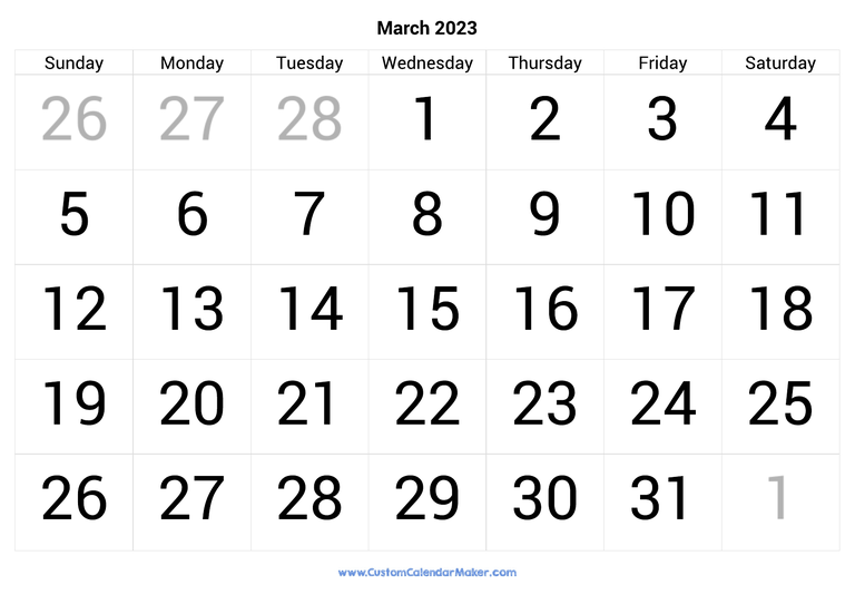 March calendar 2023 with big numbers