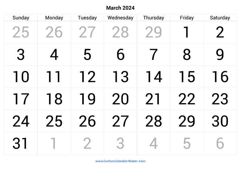 March calendar 2024 with big numbers