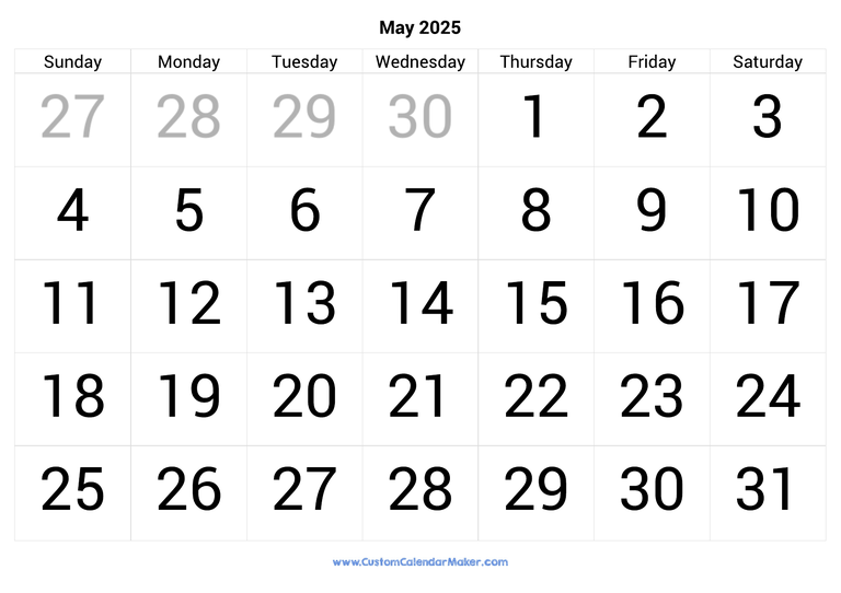 May calendar 2025 with big numbers