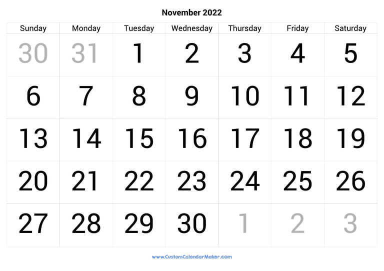 November calendar 2022 with big numbers