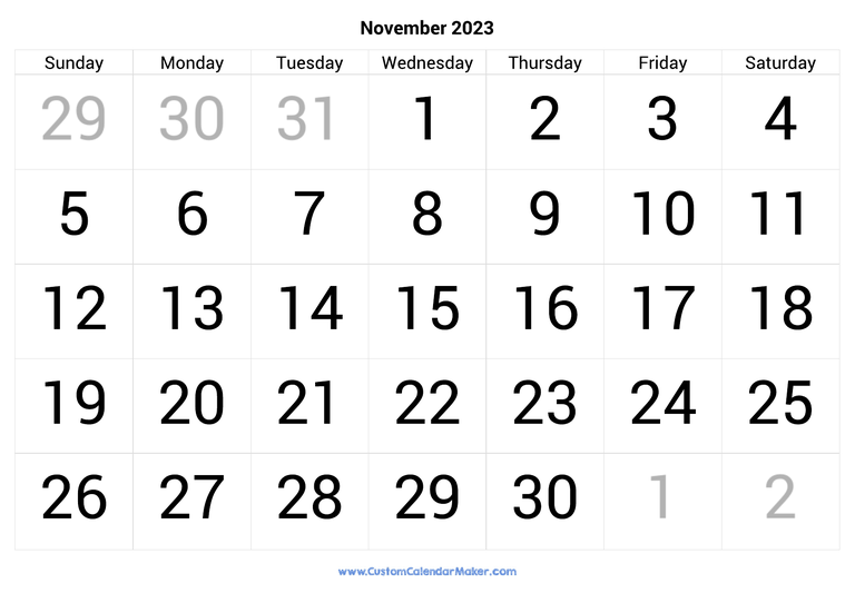 November calendar 2023 with big numbers