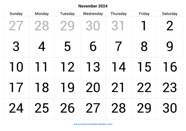 November calendar 2024 with big numbers