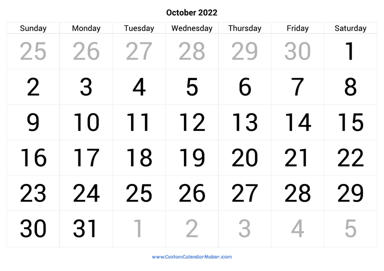 October calendar 2022 with big numbers