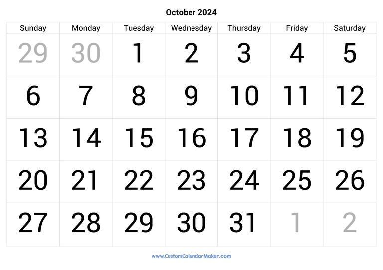 October calendar 2024 with big numbers