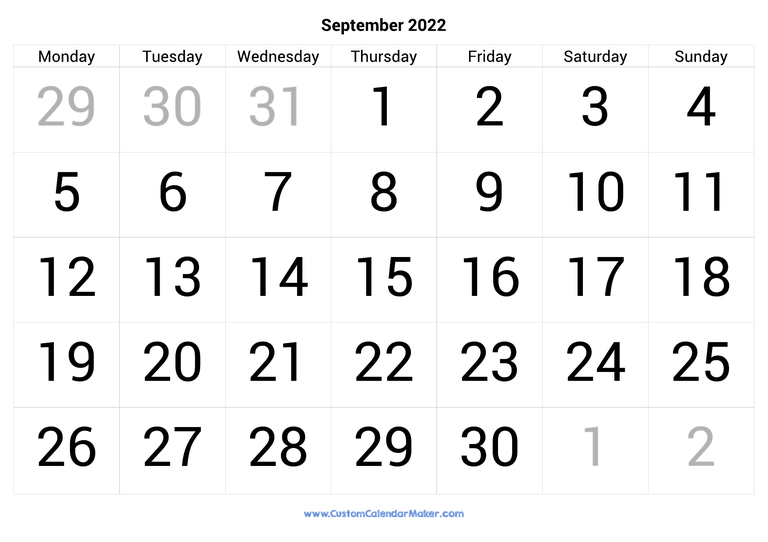 September calendar 2022 with big numbers
