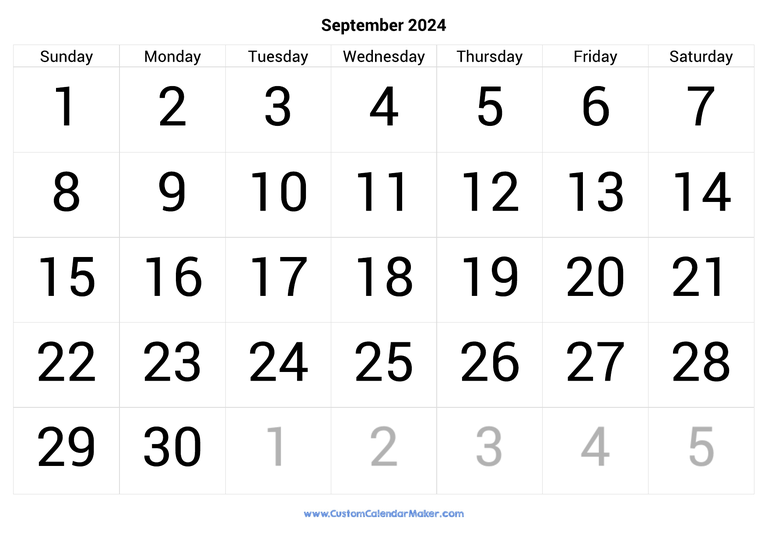 September calendar 2024 with big numbers