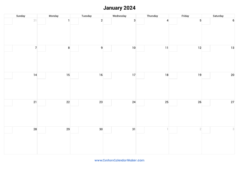 January calendar 2024 with checkboxes
