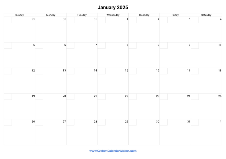 January calendar 2025 with checkboxes