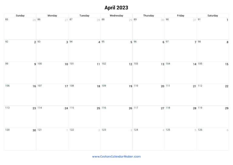 April 2023 Day Number Of The Year Calendar