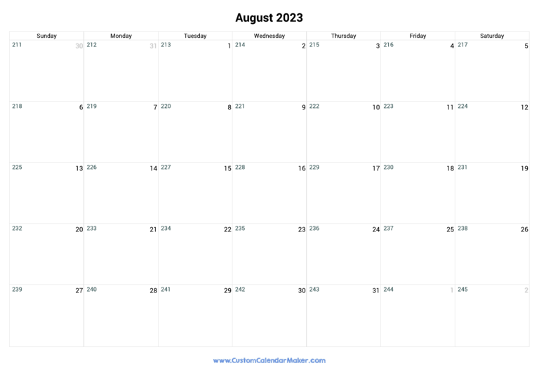 August 2023 Day Number Of The Year Calendar