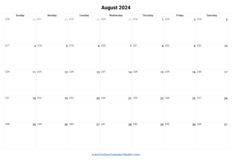 August 2024 Day Number Of The Year Calendar