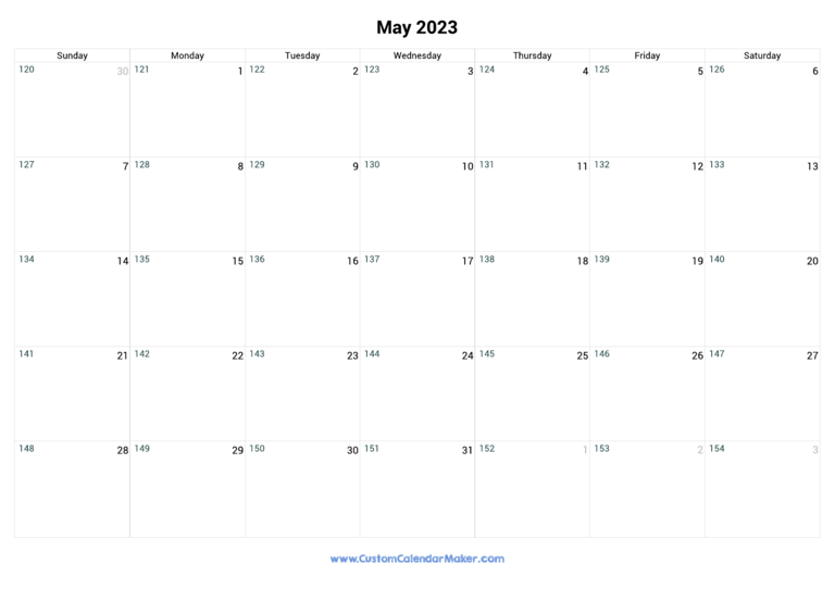 May 2023 Day Number Of The Year Calendar