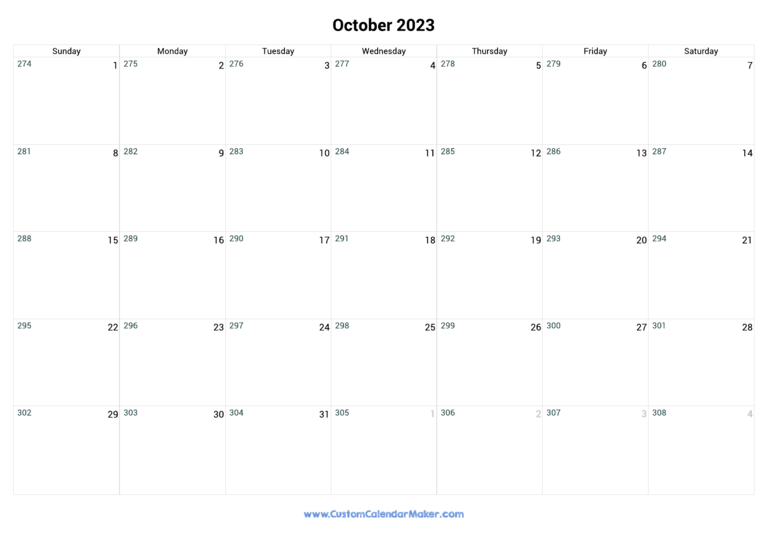 October 2023 Day Number Of The Year Calendar